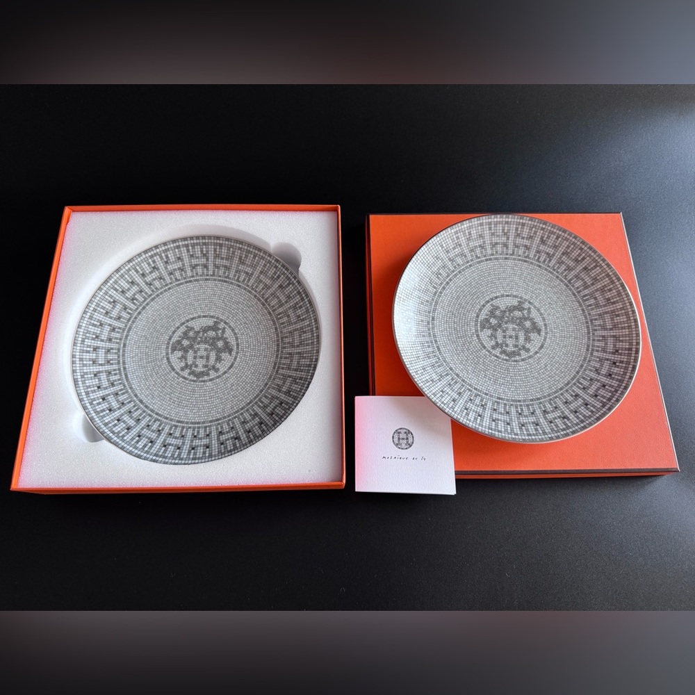 Hermes Mosaique au 24 platinum dessert plate in porcelain, set of 2 plates
